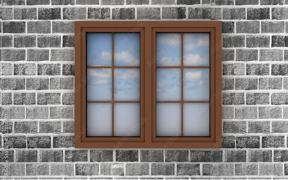 window on a brick wall, with the reflection of the sky