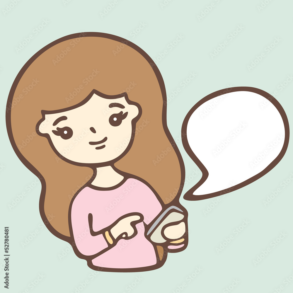 Cartoon Girl Using A Smart Phone With Bubble Space For Your Text Cartoon Girl Using A Smart Phone With Bubble Space For Your Text