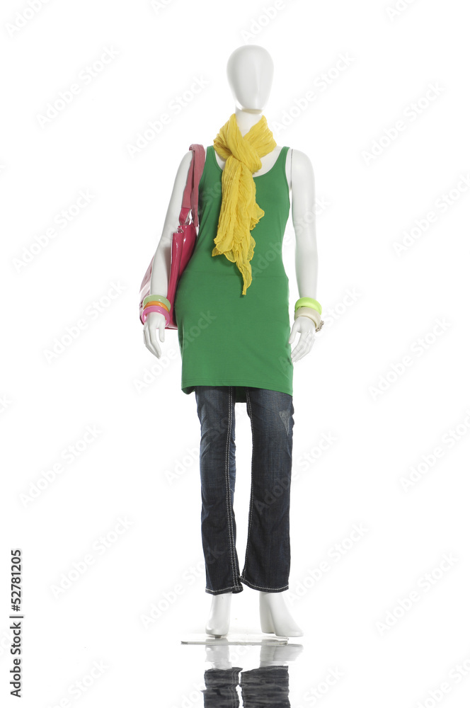 Full-length female clothing in jeans with bag on mannequin Full-length female clothing in jeans with bag on mannequin