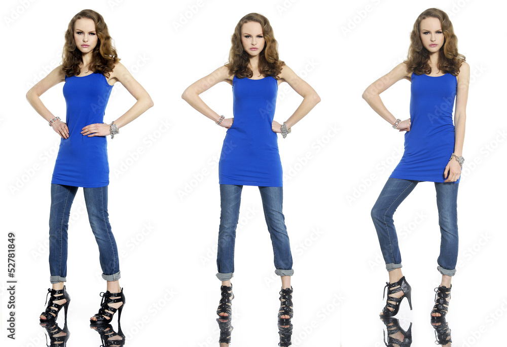 Full body young three woman in jeans posing on white background Full body young three woman in jeans posing on white background