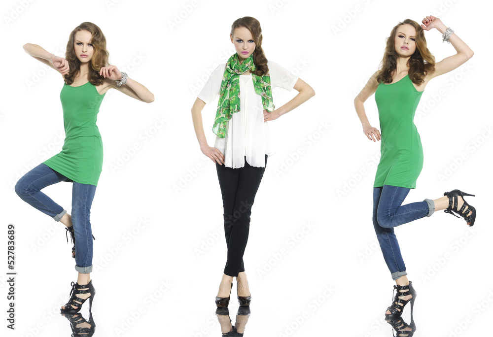 Full length beautiful stylish three girl in jeans posing Full length beautiful stylish three girl in jeans posing