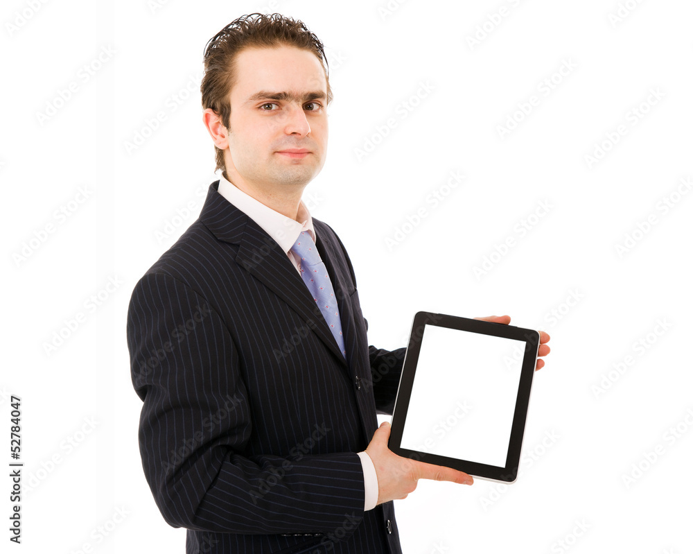 Happy business man showing a tablet pc, isolated on white backgr Happy business man showing a tablet pc, isolated on white backgr
