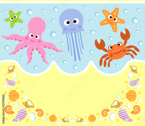 Sea animals cartoon background card