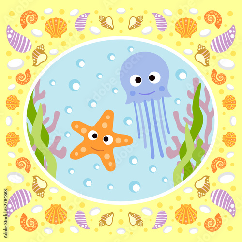 Sea background card with jellyfish and starfish