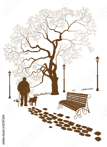 Loneliness, a walk in the park man with a dog