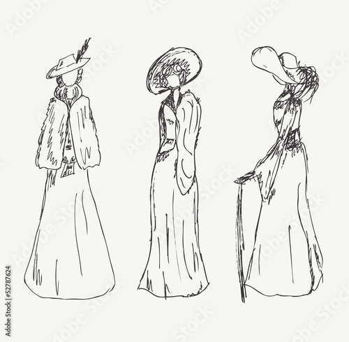 Set with sketches of women in retro clothes