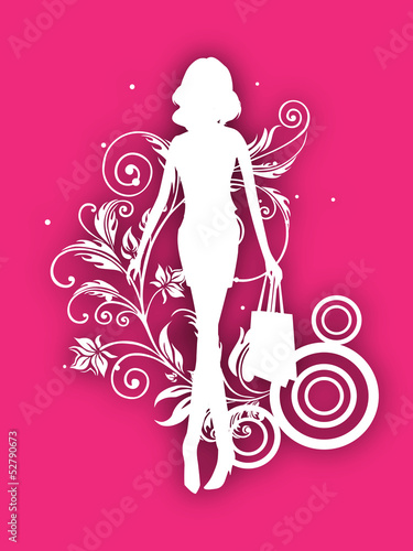 White silhouette of fashionable, shopping girl with bags on pink