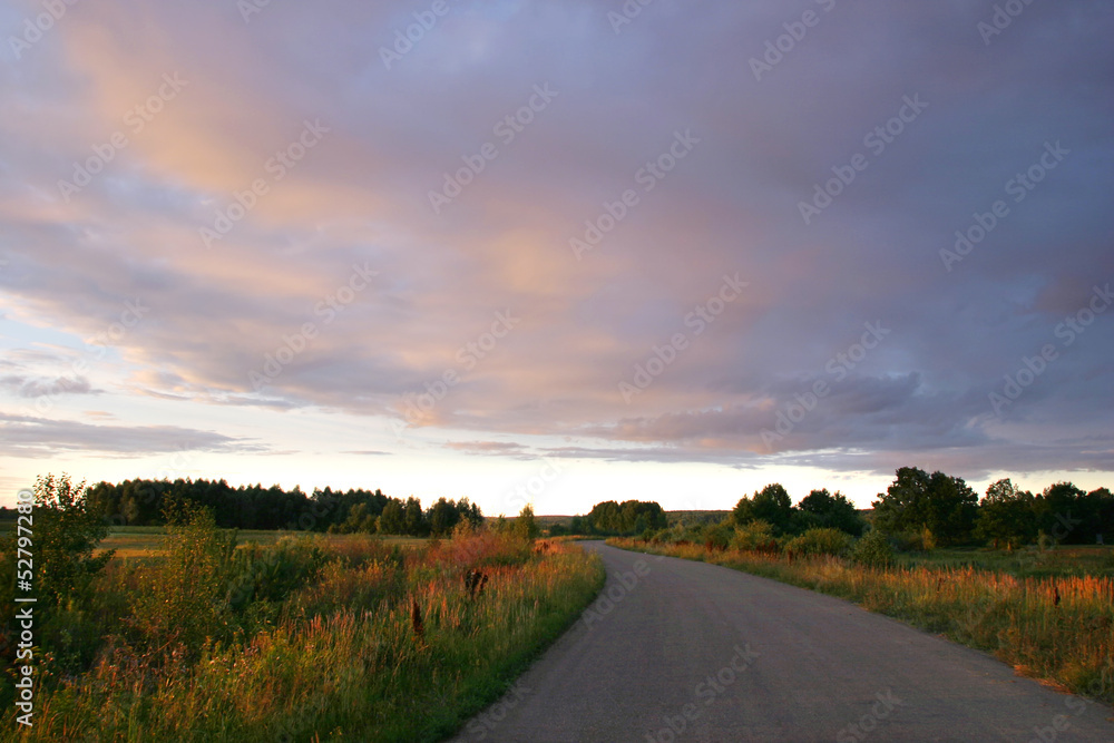 traveling the roads of Russia at sunset