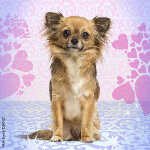 Chihuahua sitting on heart background  2 years old