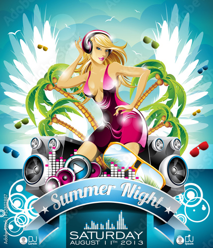Vector Summer Beach Party Flyer Design with sexy girl.
