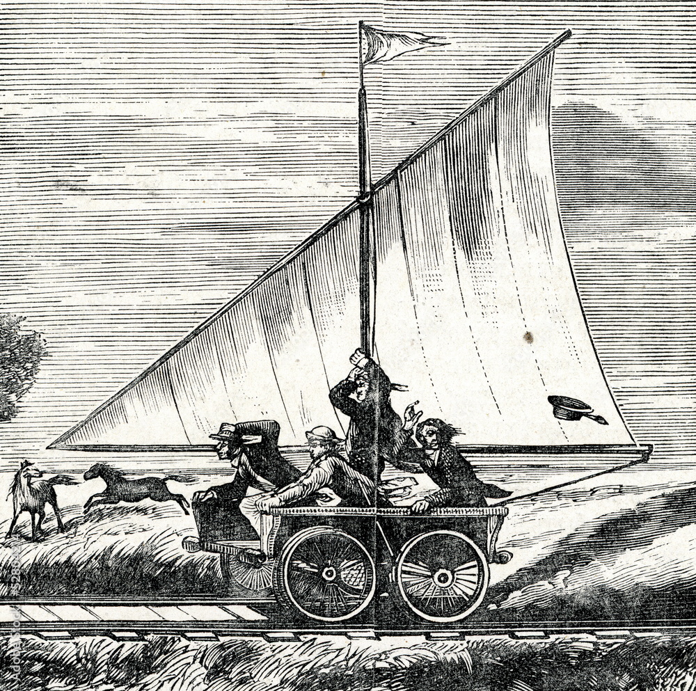 Fototapeta premium Sail driven wehicle on Kansas Pacific Railway (ca. 1890)