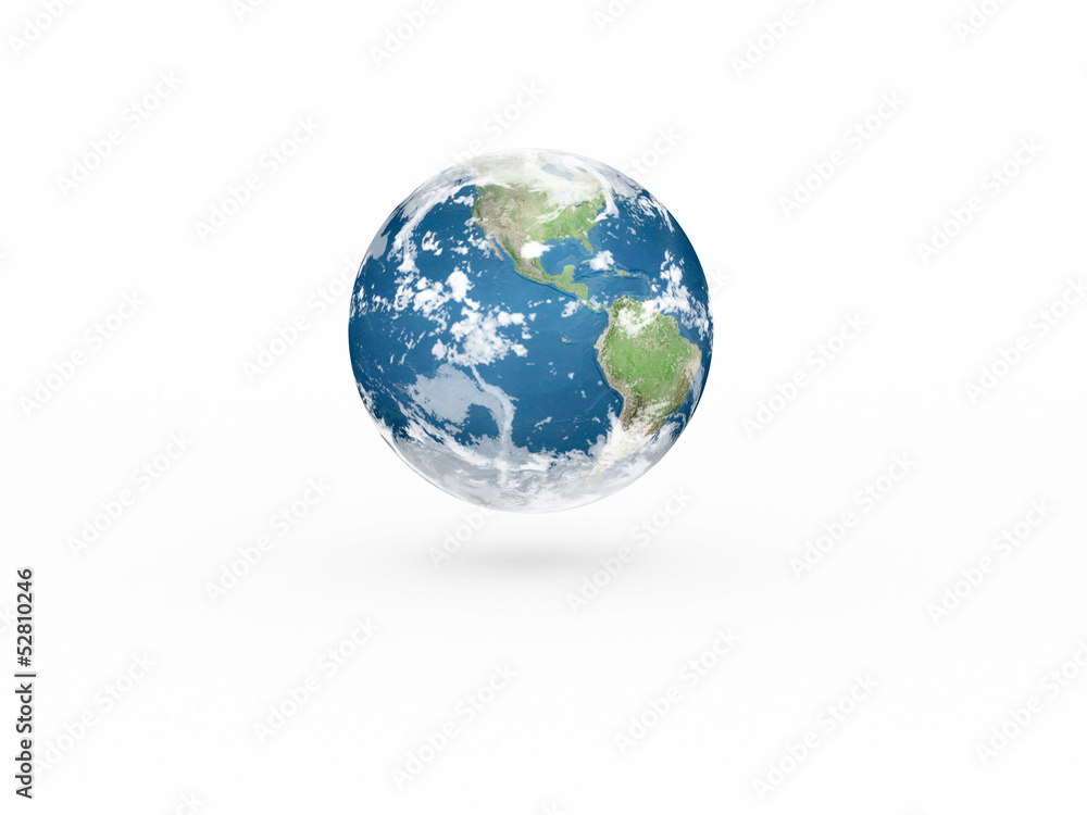 3D Earth model on white background with shadow.