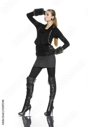 full body fashion woman with gloves posing standing