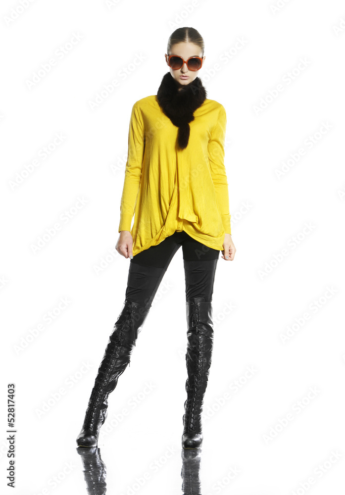 fashion model in fashion dress wearing sunglasses posing fashion model in fashion dress wearing sunglasses posing