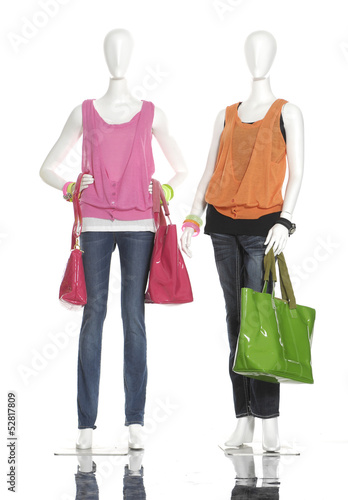 fashion shirt dress with handbag on female on two mannequin