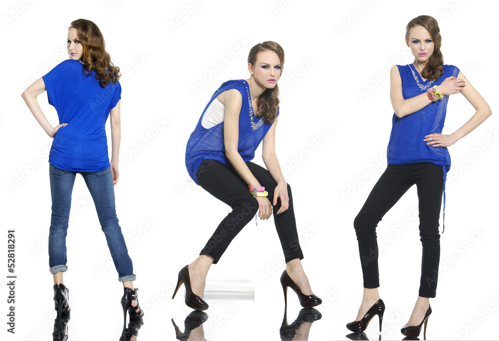 Full length young beautiful stylish three girl in jeans posing Full length young beautiful stylish three girl in jeans posing