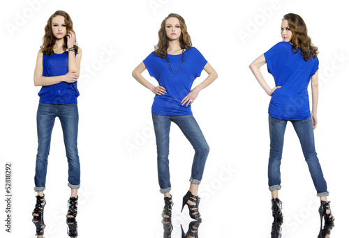 Full length young stylish three girl in jeans posing