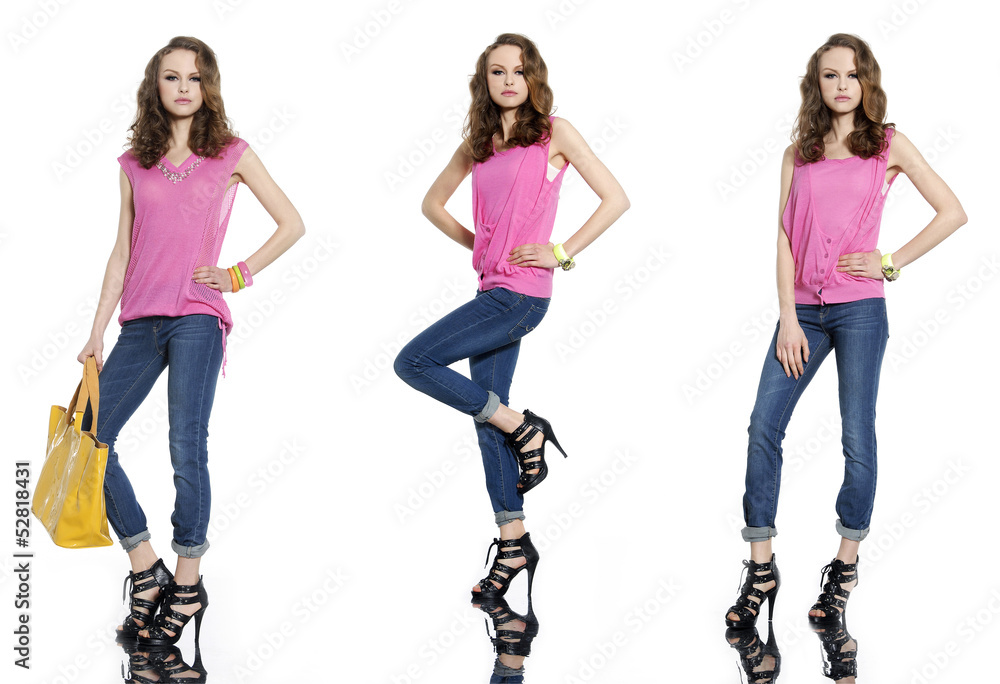 Fototapeta premium young three woman in jeans with bag posing