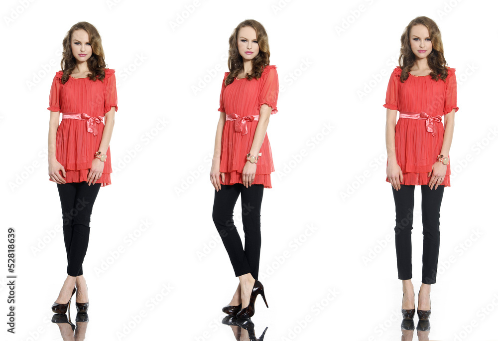 Full body Fashion model in red dress posing in studio Full body Fashion model in red dress posing in studio