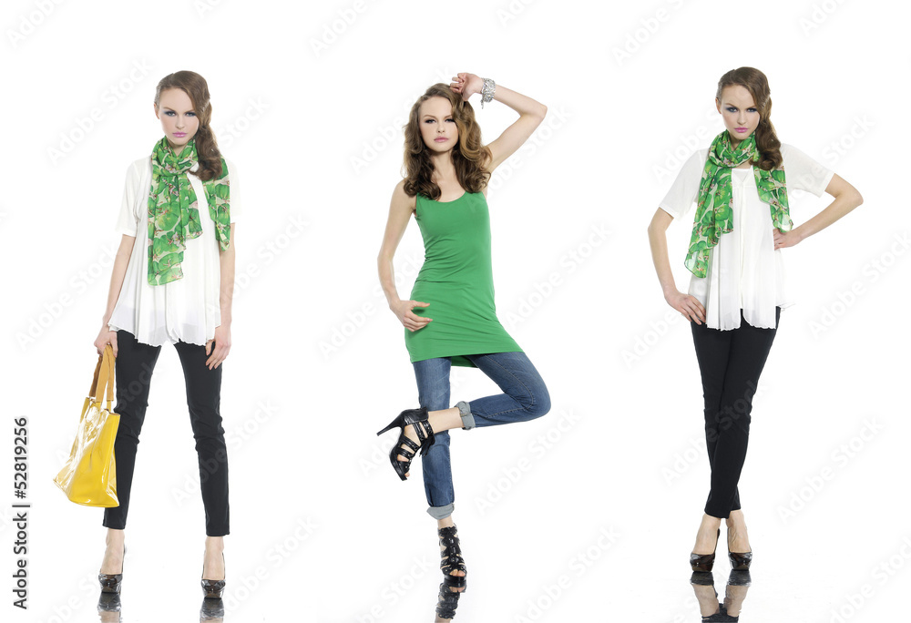 Full length beautiful stylish three girl in jeans posing Full length beautiful stylish three girl in jeans posing
