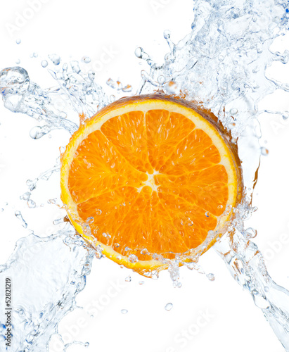 Orange and water splash on a white background