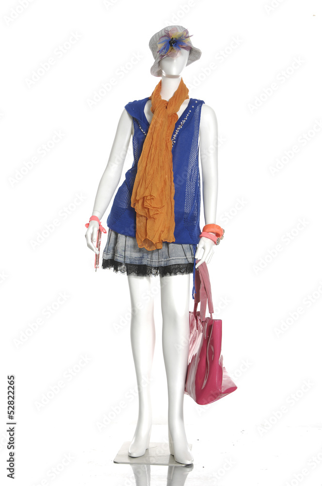 female clothes in scarf with hat ,bag on a mannequin female clothes in scarf with hat ,bag on a mannequin