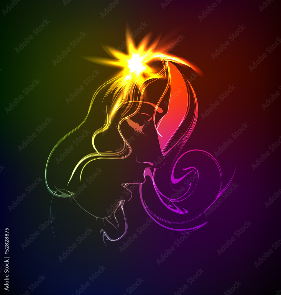 Hand-drawn fashion model from a neon. A light girl's face. Hand-drawn fashion model from a neon. A light girl's face.