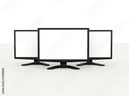 Three LCD monitors with white screen