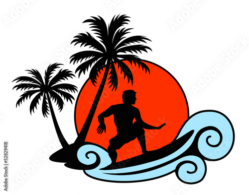 Surfer on a wave with palms and sunset