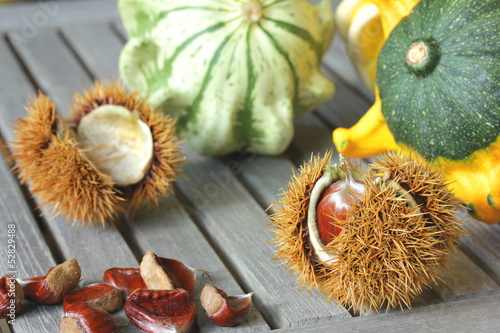 Kastanien und Kürbisse