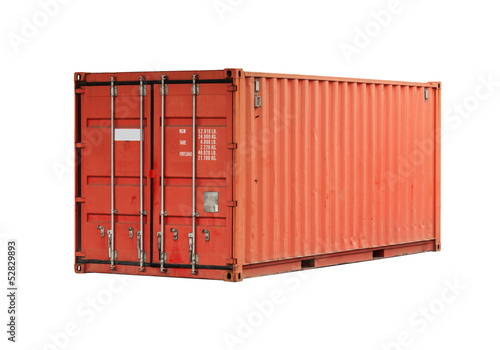 Bright red metal freight shipping container isolated on white photo