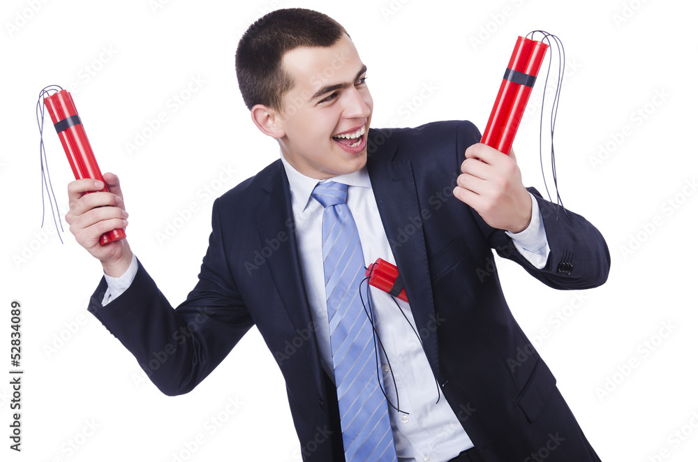 Businessman with dynamite isolated on white Businessman with dynamite isolated on white