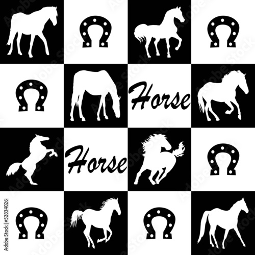 Fototapeta Naklejka Na Ścianę i Meble -  Wallpaper with horse silhouettes in black and white