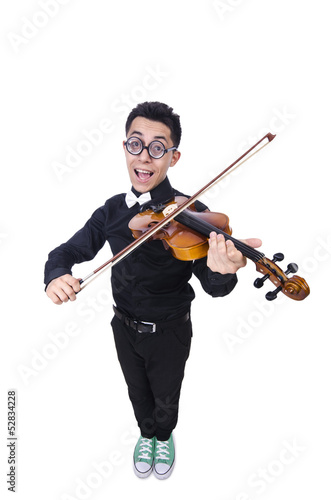 Funny man with violin on white