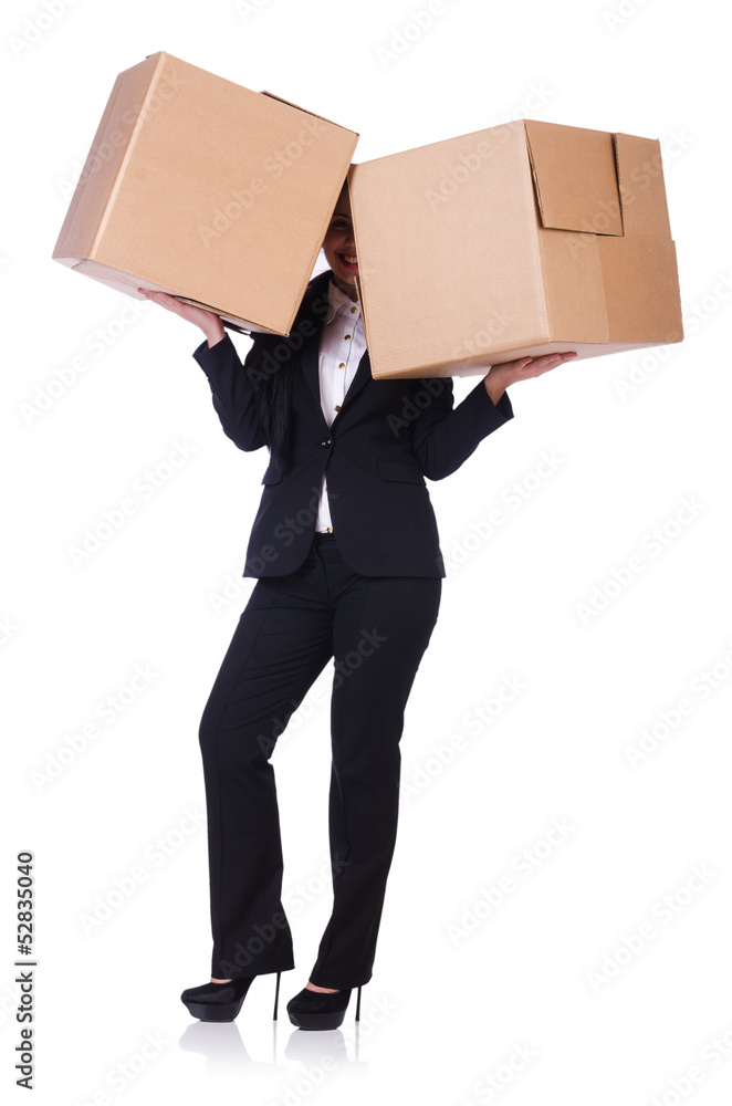 Woman with lots of boxes on white Woman with lots of boxes on white