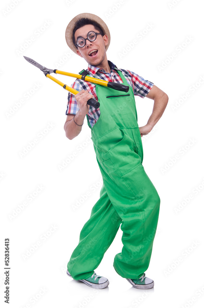 Funny man with shears on white Funny man with shears on white
