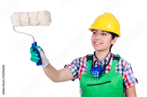 Woman painter with paintbrush on white