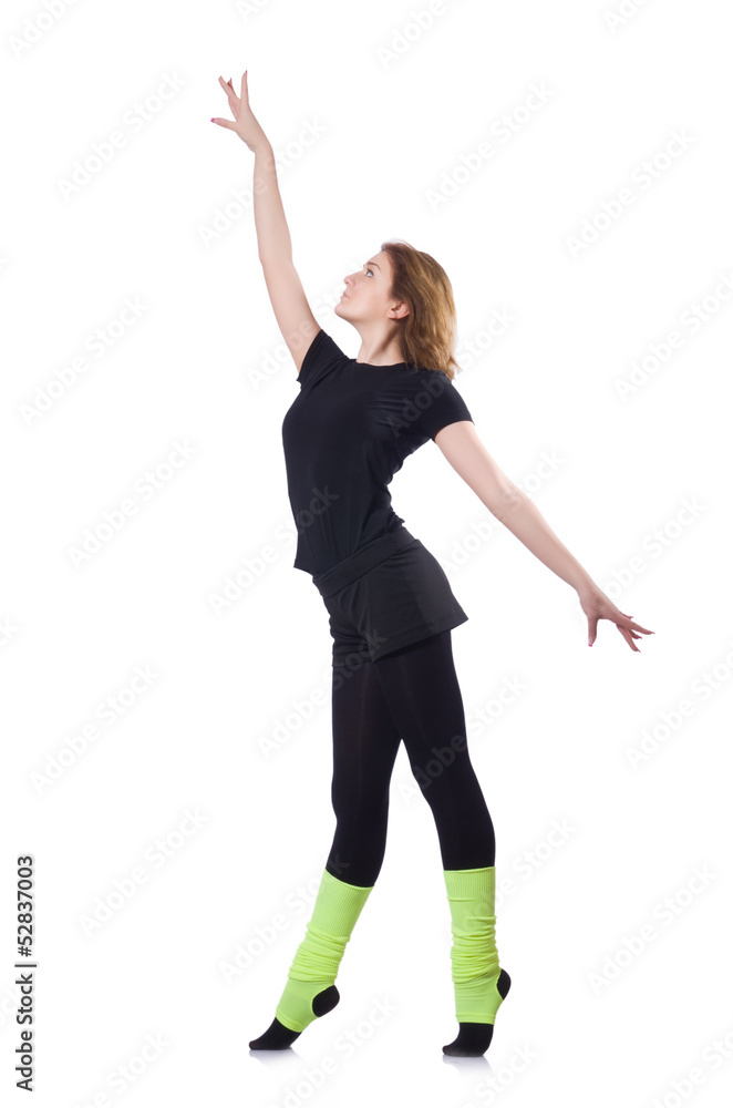 Young gymnast exercising on white Young gymnast exercising on white