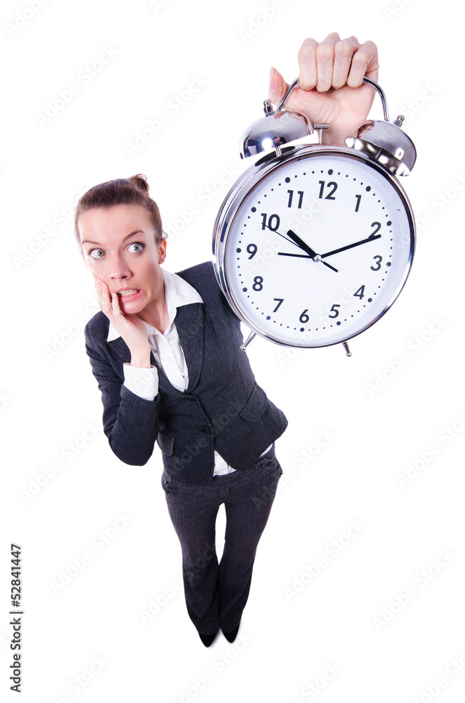 Funny woman with clock on white Funny woman with clock on white