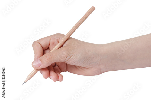 female teen hand holding natural wood pencil