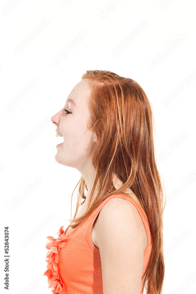 Cute young girl, side view, isolated on white background Cute young girl, side view, isolated on white background