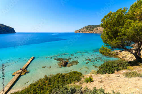 Beach pine trees sea bay mountains, Camp de Mar, Majorca