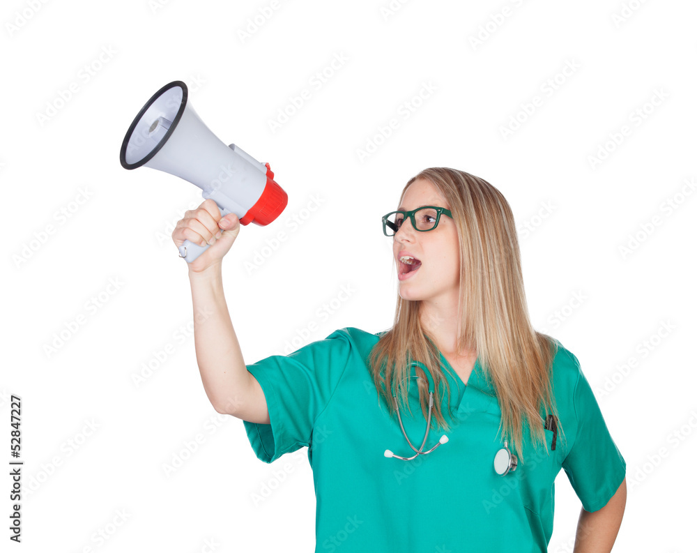 Atractive medical girl with a megaphone Atractive medical girl with a megaphone