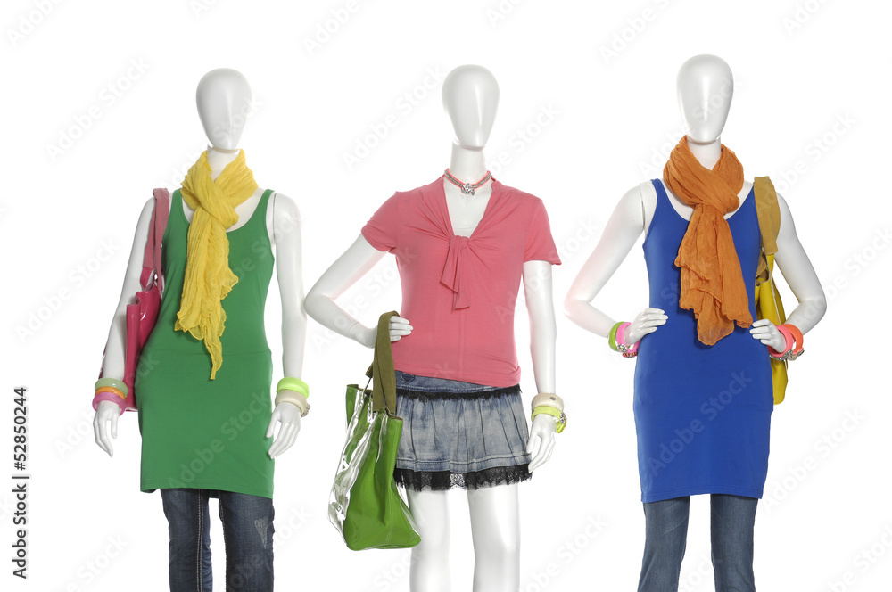 fashion dress with handbag with hat on female three mannequin fashion dress with handbag with hat on female three mannequin