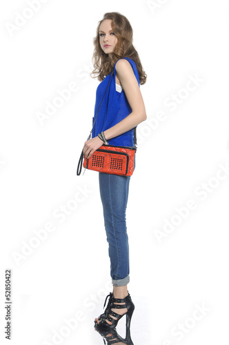 Young Girl with the big red bag on a white background