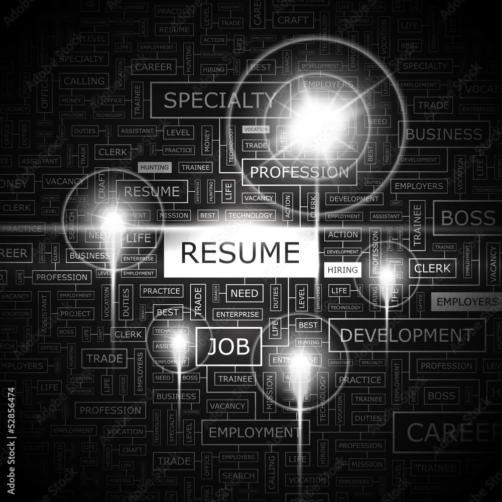 RESUME. Word cloud concept illustration. RESUME. Word cloud concept illustration.