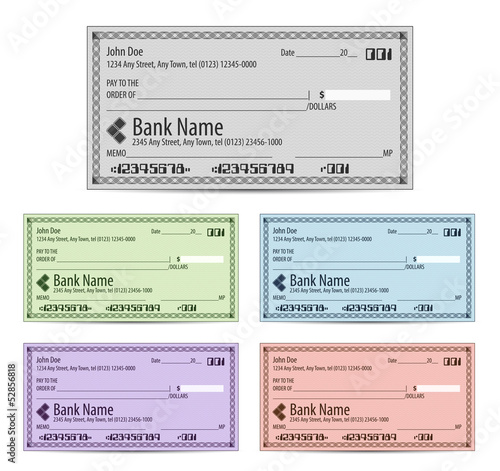 Vector illustration of blank bank checks in different colors