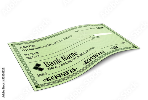 Vector illustration of blank bank check with shadow on white bac