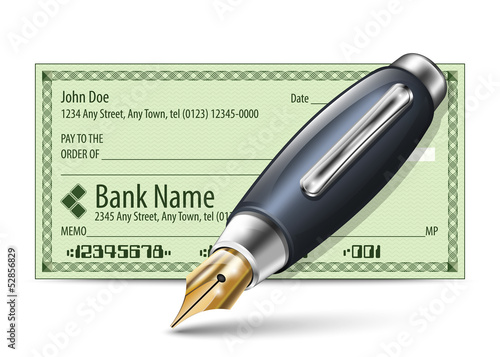Vector illustration of blank bank check and fountain pen