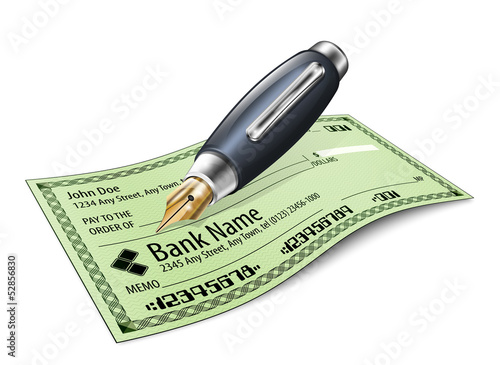 Bank check and fountain pen, vector illustration